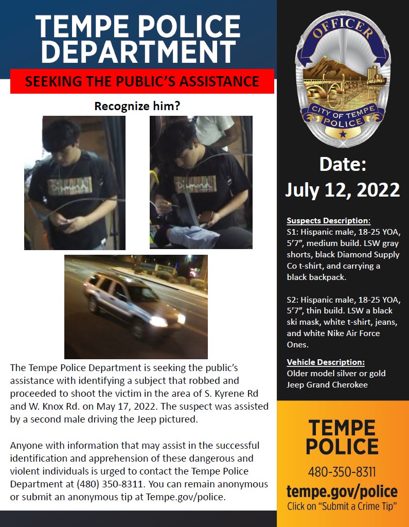 TempePolice's tweet photo. SEEKING THE PUBLIC'S ASSISTANCE. Do you recognize this guy? We need your help getting this violent individual off the street. Anyone with information is urged to contact the Tempe Police Department at  480 350-8311. We appreciate the help! https://t.co/CRdFgyxsTq