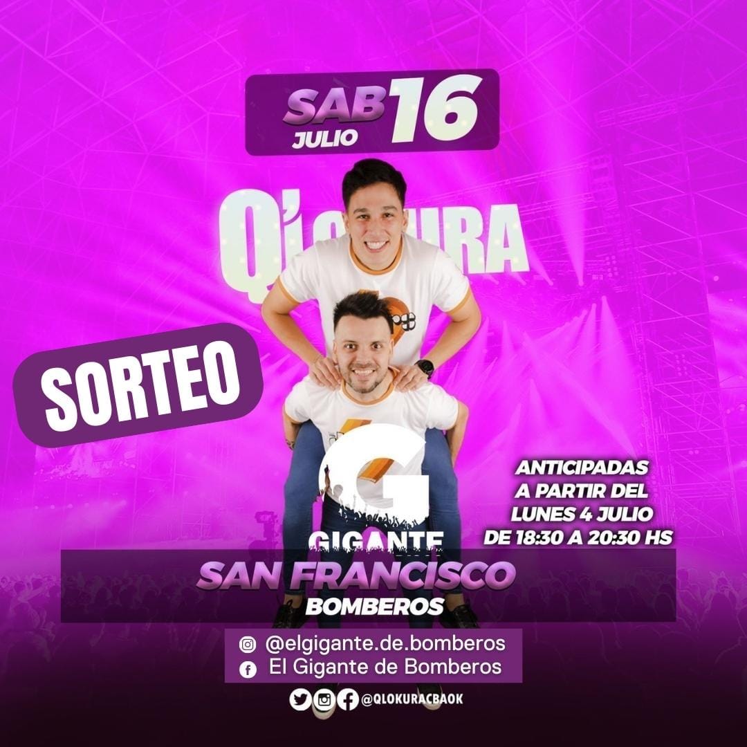 SORTEO PARA EL BAILE DE Q' LOKURA ❤️‍🔥

👉 La banda se presentará este sábado en el Gigante de Bomberos

🎟️ Podés participar del sorteo y ganar una entrada para pasar una noche bien arriba!

Cómo participar?

☑️ 1- Seguir mi cuenta 
☑️ 2- Dale RT

¡HAY TRES ENTRADAS EN JUEGO!