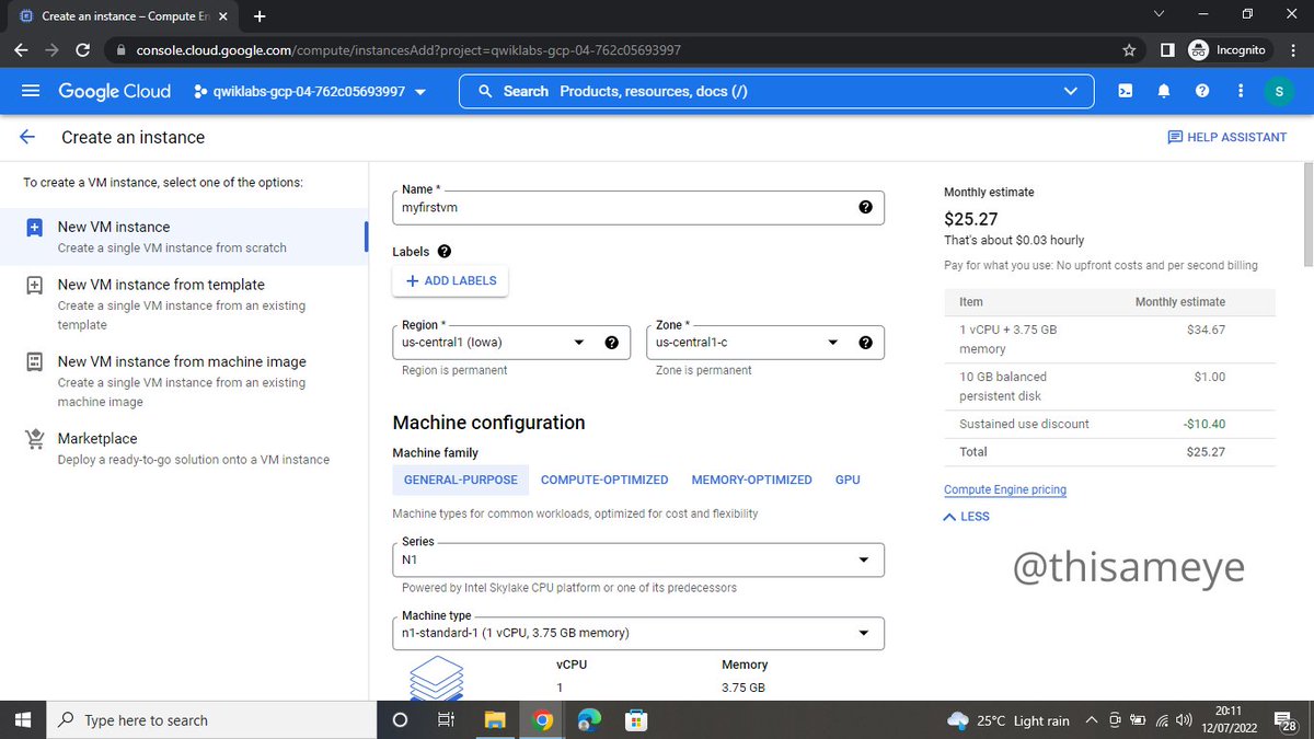 olayinka_ameye's tweet photo. Today on #Qwicklabs, I practised how to create #vVMs using the compute engine option on #gcp. My first VM is hosted in us-central-1c. It is a Debian GNU/Linux 10 (buster) disk version,1 vCPU and 3.75GB of memory. https://t.co/IaYBqZwWKt