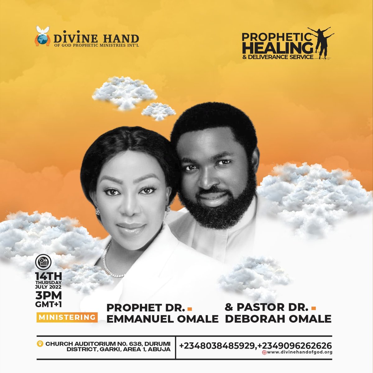 prophetdromale's tweet photo. Special Invitation to our Prophetic Healing &amp; Deliverance Service.

The Lord will establish you and take you to new heights as you come.

⏰ Thur, 14th July,3 pm GMT+1

📍Divine Hand of God Auditorium Durumi District, Area1 Garki, Abuja.
#pastordeborahomale
#prophetemmanuelomale https://t.co/qTE9Uszp2Y