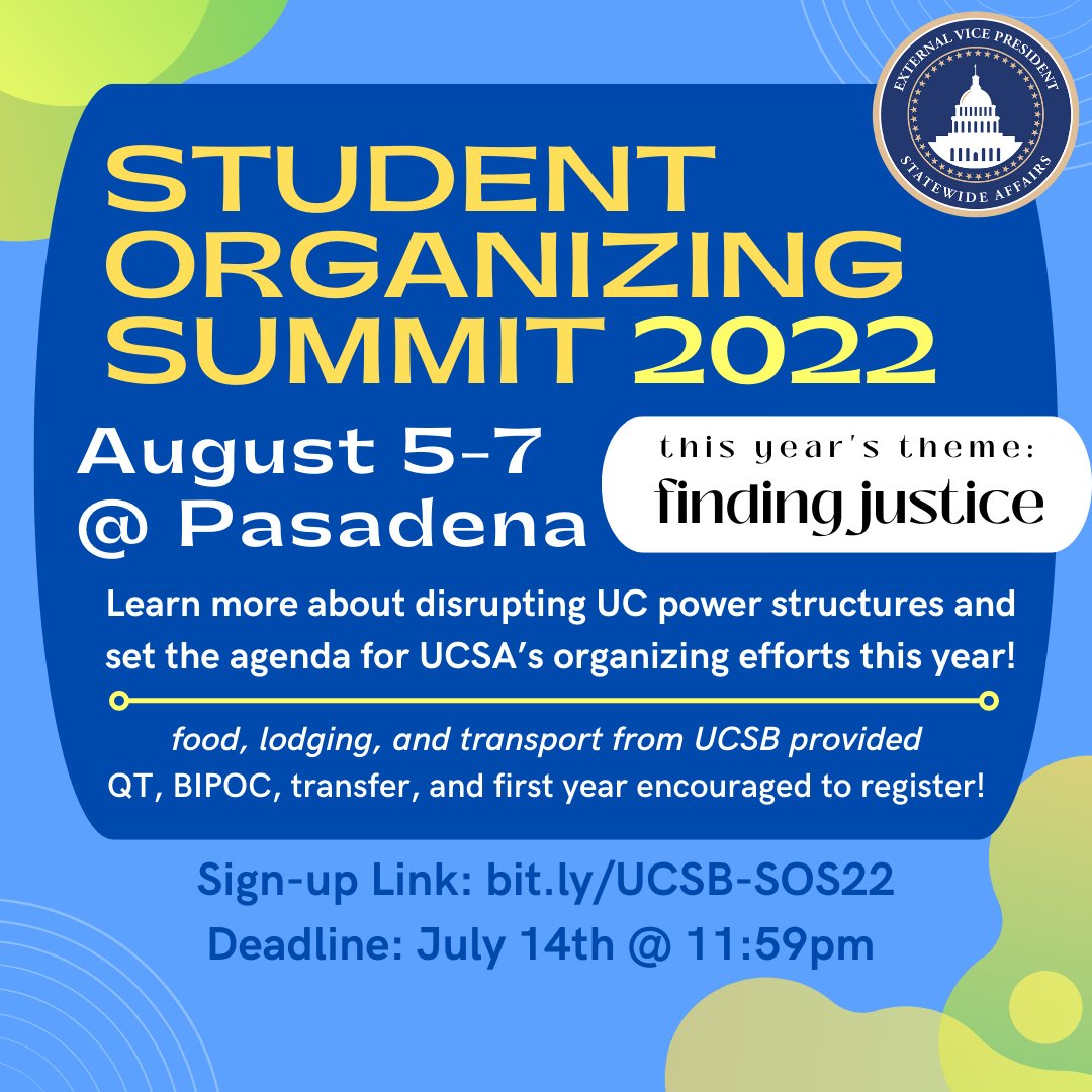 evpsa's tweet photo. Hey UCSB students! There's 2 more days to sign up for this year's @_UCSA Student Organizing Summit! Are you coming with us to Pasadena? https://t.co/jjfnomsXWV https://t.co/ifEOeHkDwW