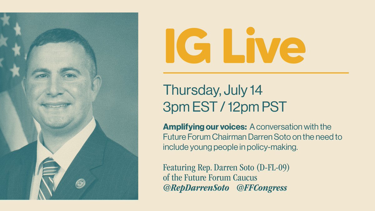 AYAmericans's tweet photo. Our generation is most impacted by policy decisions, yet we're often left out of the decision-making.

This Thursday, join AYA with @FFCongress Chairman @repdarrensoto for an IG live on the need to include young people in federal policymaking. https://t.co/1hHoeI7oEU