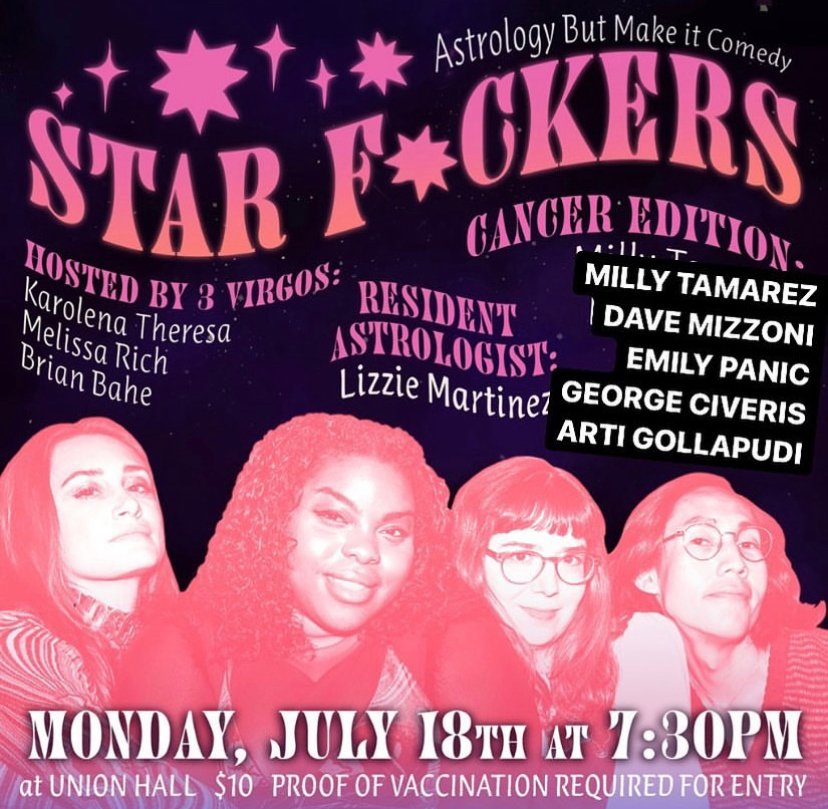 UnionHallNY's tweet photo. MON 7/18: Star F*ckers: Cancer Edition!🦀 
@melissa_rich_, @Karobeanah &amp; @brian_bahe, and @lizzaymartinez welcome a lineup of ALL-CANCER comedians!

Featuring:
♋️@MillyTamarez
♋️@davemizzoni
♋️@georgeciveris
♋️@ArtiParty
♋️@aprettybigmouth

🎟: https://t.co/oyHkL7qEsg https://t.co/k5lA6bTuP7