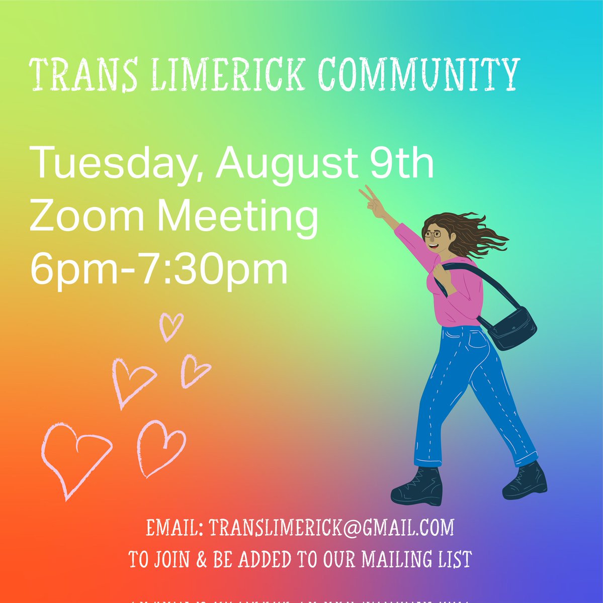 TransLimerick's tweet photo. Next TLC online-meet will be on Tuesday the 9th of August
6pm-7:30pm 
🏳️‍🌈🏳️‍⚧️⚧️
Email us at translimerick@gmail.com to be added to our mailing list and receive the Zoom link! 
🖤🤎❤️🧡💛💚💙💜
#trans #ireland #transgender #transsexual #tlc #translimerick #community #transrights https://t.co/sqIKm6kxqH
