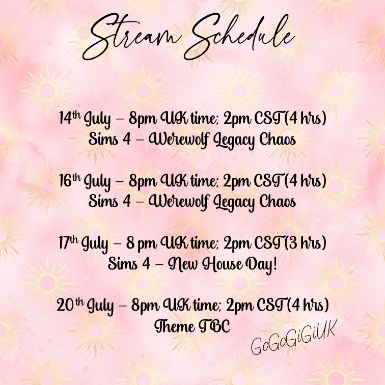 GoGoRises's tweet photo. Here we go! My Stream Schedule for the next 10ish days. There's plenty of GiGi to go around! If you have some time, I'd love to have you.
ππππ
https://t.co/dq8O1FcvcV
#Twitch #Gamer #Sims4 #StreamSchedule #RT #TwitchTV #Gaming #SimsWerewolf #WerewolfLegacy
#TheSims @TheSims https://t.co/zbfcmyG61S