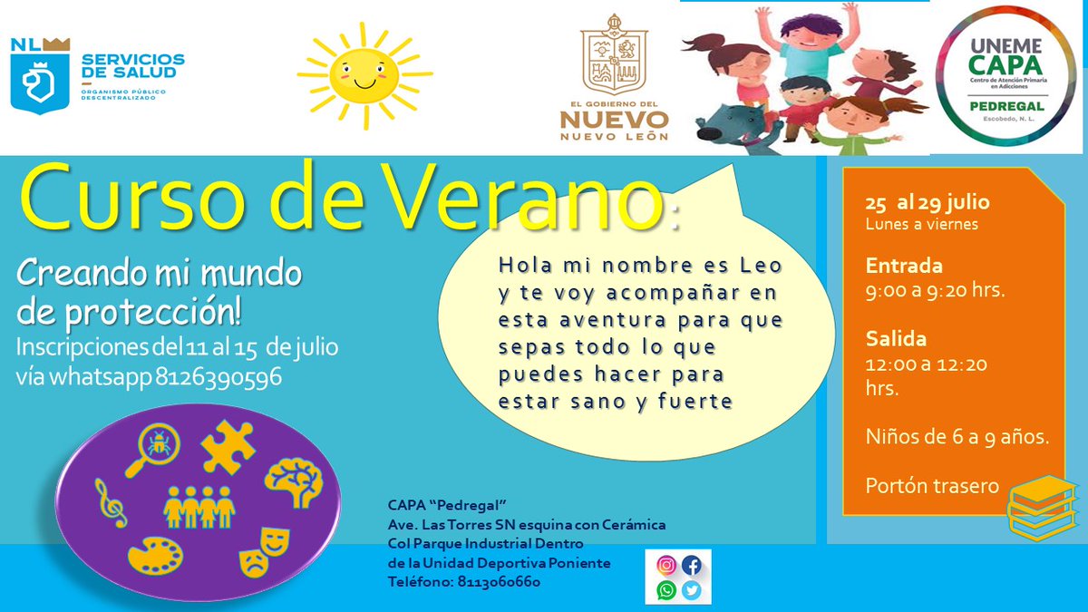capapedregal's tweet photo. Te invitamos a Nuestro Curso de Verano 🌞 "Creando mi Mundo🌎 de ☂️ proteccion" para niños de 6 a 9 años. En las Instalaciones del #CAPAPedregal, del 25 al 29 de julio, de 9 de la mañana a 12 del dia, para mas informes puedes llamarnos al 81 13 06 06 60 😎 https://t.co/f1OihIeZj6