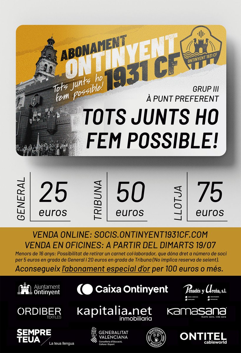 💪 #TotsJuntsHoFemPossible!!! Arranca la campanya de socis de la temporada 2022/2023!
➡️ Online: socis.ontinyent1931cf.com
📍 Des del dimarts 19/07 en les oficines de l'Estadi Municipal El Clariano