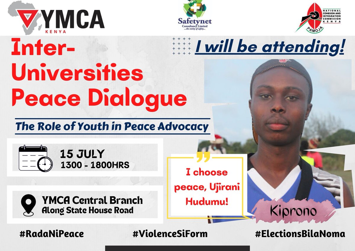 MEGA PEACE DIALOGUE at Kenya YMCA <a href="/ymcakenya1/">YMCA Kenya</a> In partnership with Universities &amp; colleges. Don't be left out! <a href="/NCIC_Kenya/">NCIC Kenya</a> <a href="/IEBCKenya/">IEBC</a> <a href="/RedCrossYouthKE/">Kenya Red Cross Youth</a> <a href="/citizentvkenya/">Citizen TV Kenya</a> <a href="/ntvkenya/">NTV Kenya</a> <a href="/KTNNewsKE/">KTN News</a> <a href="/PoliceKE/">Kenya Police Service</a> <a href="/ymca/">ymca</a> <a href="/ZetechUni/">Zetech University</a> <a href="/uonbi/">University of Nairobi</a> <a href="/Tuko_co_ke/">TUKO.co.ke | The Heartbeat of Kenya</a>
#RadaNiPeace
#ViolenceSiForm
#ElectionsBilaNoma