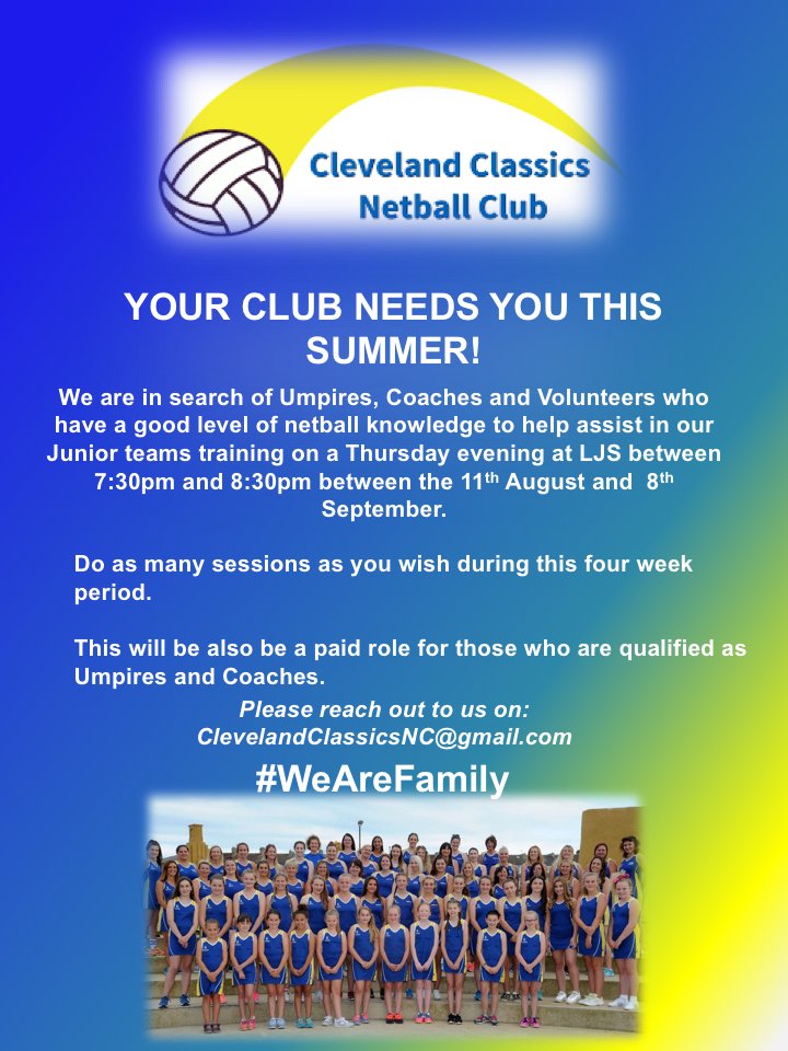 YOUR CLUB NEEDS YOU THIS SUMMER. 
We are in need of Umpires, Coaches and Volunteers who have a good level of netball knowledge to assist in our Juniors training during Summer at LJS between 7:30-8:30pm between the 11th August and 8th September.