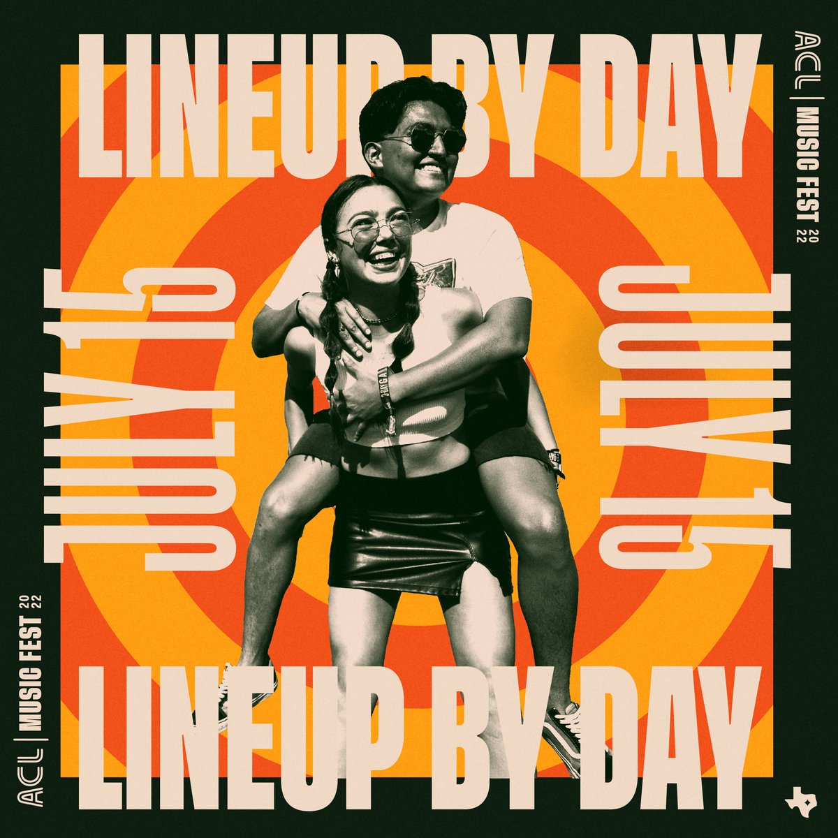 aclfestival's tweet photo. Your #ACLFest Lineup By Day arrives Friday 7/15 at 10am CT! 🤠 1-Day Tickets go on sale the same day at 12pm CT.

3-Day GA Ticket prices to Weekend Two of #ACLFest will increase to $350 soon, so go all weekend with 3-Day Tickets TODAY at the lowest price: https://t.co/WTqUe2jfA9 https://t.co/WuRiHfQlLj