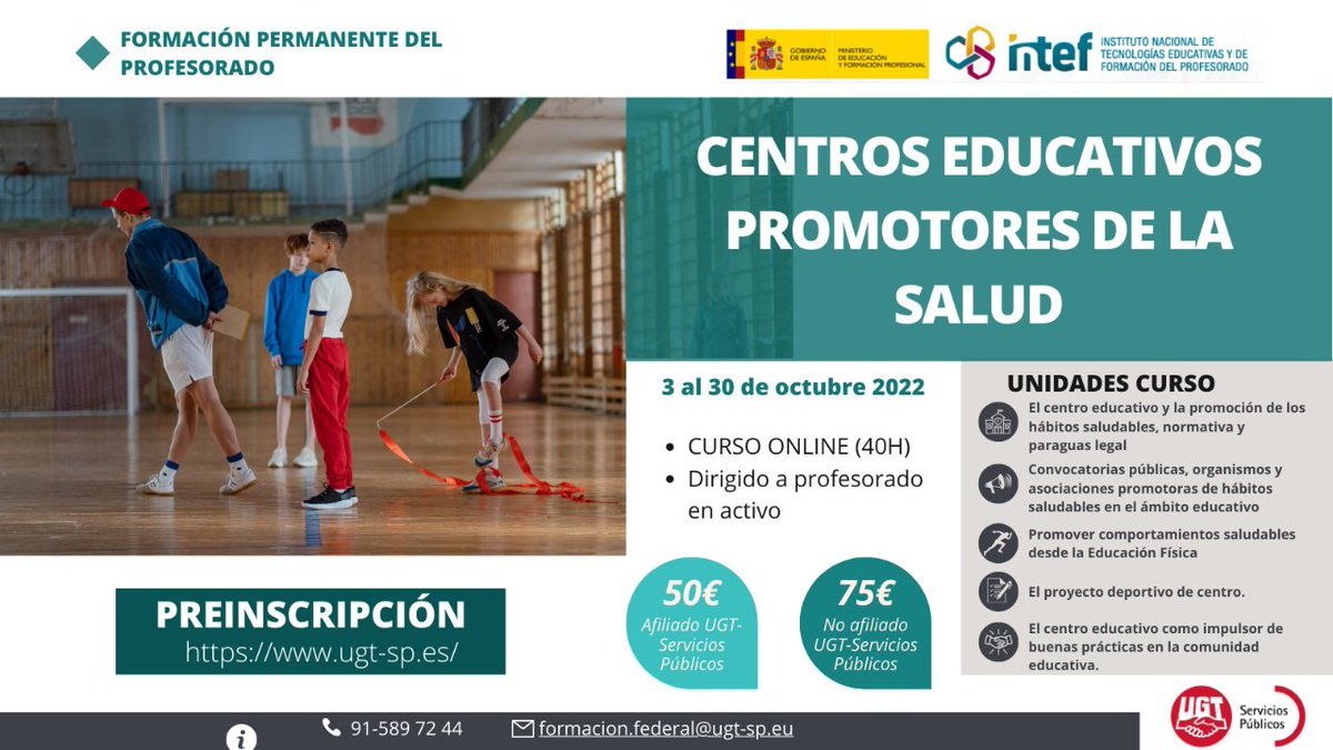 ugt_ensenanza's tweet photo. 🏃 ¡No esperes más para reservar tu plaza en nuestro curso online Centros educativos promotores de la salud! 🏊

⏳ Del 3 al 30 octubre de 2022

👨‍🏫👩‍🏫 ¡Dirigido a profesorado en activo!

💠 + info: https://t.co/EmzcN9qKrK https://t.co/yhcjcpT6q5