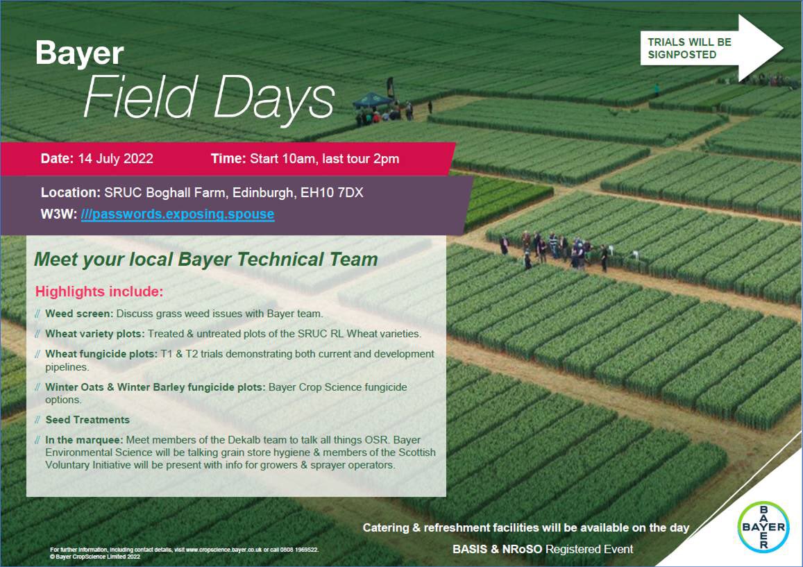 scotlandscrops's tweet photo. The Scottish #BayerFieldDay is back this week at @SRUC Boghall.
The team look forward to seeing you there.
#T1fungicide #T2fungicide #yellowrust #septoria #ramularia #mildew #oats #wheat #barley #varieties #pipelineproducts #weedscreen #harvest22 #BASISpoints #refreshments https://t.co/MnKg4f6GB6
