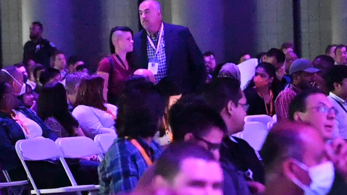 athenaforall's tweet photo. Inside we shut down the AWS keynote. With back to back speakers, we gave @Amazon leadership the teach-in they didn't want: how they profit off powering devastating state violence here and across the globe, driven by greed. #AWSsummit #AmazonHurts 🧵 https://t.co/HktRYRMSPH