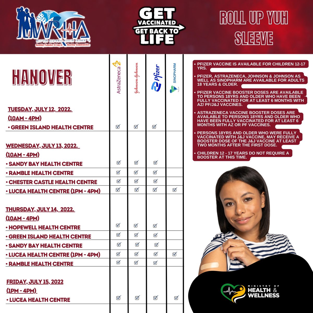 wrhagovjm's tweet photo. Are you ready for your first dose, due your 2nd or booster? Please see the sites you can visit this week to get vaccinated.
*Please load for 4K Image*
#GetVaccinatedToday. #VaccinateJa #GetVaccinated #GetBacktoLife https://t.co/PCJLXycTJz