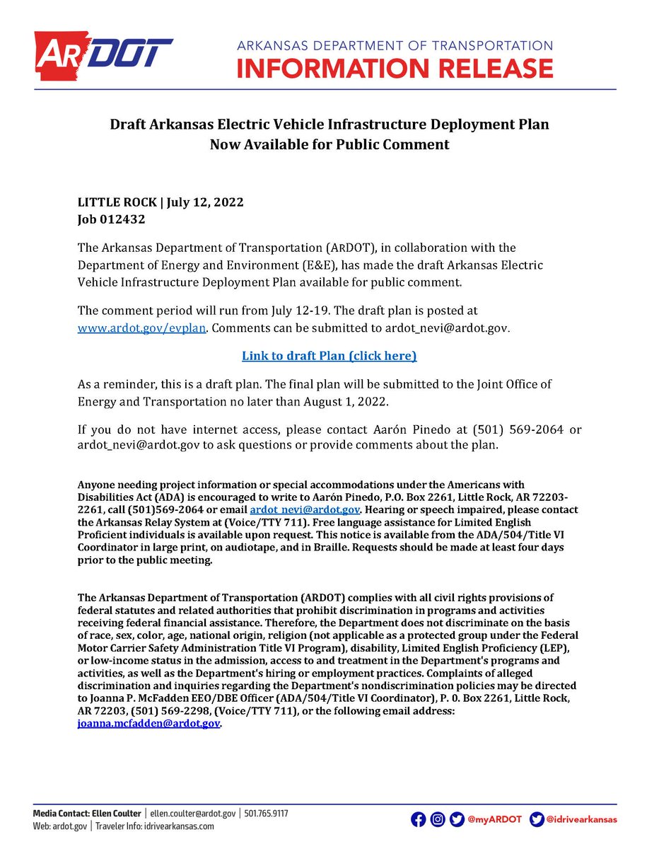 The comment period for the draft Arkansas Electric Vehicle Infrastructure Deployment Plan will run now through July 19. 

The draft plan is posted at ardot.gov/evplan. Comments can be submitted to ardot_nevi@ardot.gov.