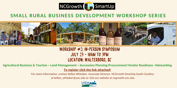 There will be a Small Rural Business Development Workshop on Sat. July 23 from 10am-3pm in Walterboro, S.C.  Event is FREE and lunch will be provided.

REGISTER HERE: docs.google.com/forms/d/e/1FAI…