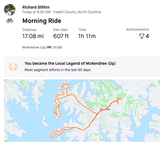 richardslifkin's tweet photo. Not sure about 'local legend' status, but happy that I set my new pr on that segment today.🚴‍♂️. #cycling #morningride https://t.co/cPY8dWZhUi