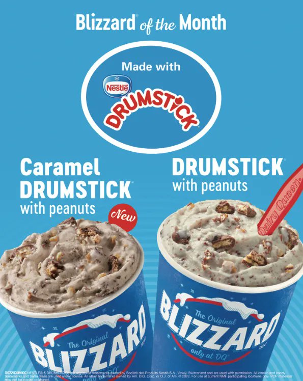 Don’t forgot to stop by and try one of the blizzards of the month! Come enjoy a Drumstick with Peanuts blizzard or the NEW Caramel Drumstick with Peanuts! #happytastesgood #lovemydq