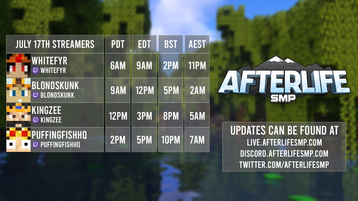 The 1st Streamathon of #AfterLifeSMP Season 5 is here. Many hours of jam-packed filled content and shenanigans to come.

Get your 🍟 snacks and drinks 🧃 ready for it this Sunday, July 17th!