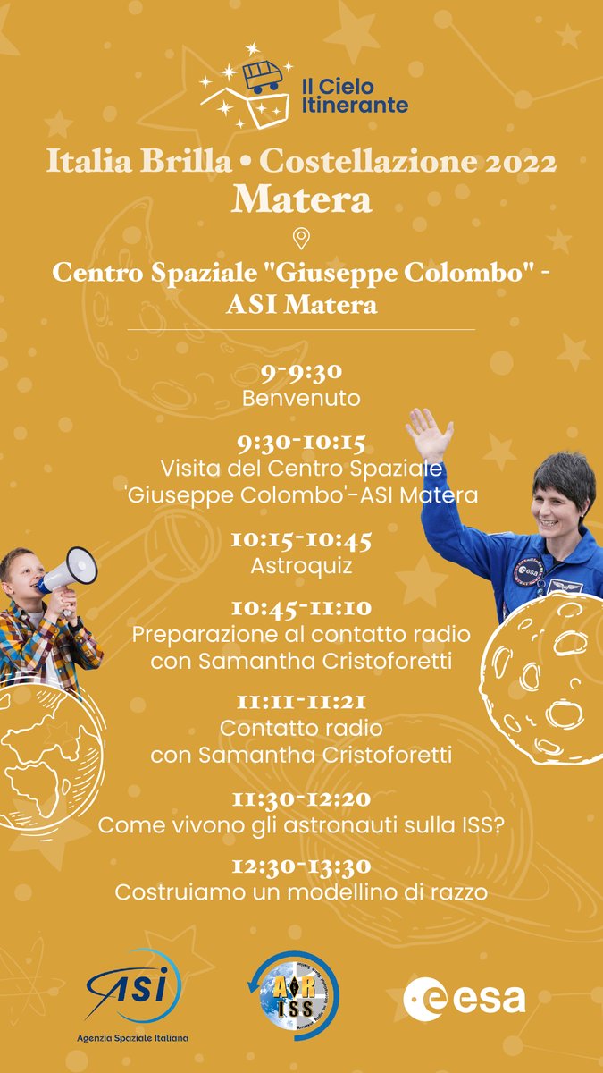 🗓️ Oggi ore 11:11
Collegamento radio con <a href="/AstroSamantha/">Samantha Cristoforetti</a> 👩‍🚀
A Matera presso il Centro Spaziale “G. Colombo” di <a href="/ASI_spazio/">Agenzia Spaziale ITA</a> in collaborazione con il <a href="/CieloItinerante/">Il Cielo Itinerante</a>, un evento tutto dedicato agli studenti per avvicinarli alla scienza spaziale 🚀🛰️🪐 
🔗bit.ly/3uIDn8u