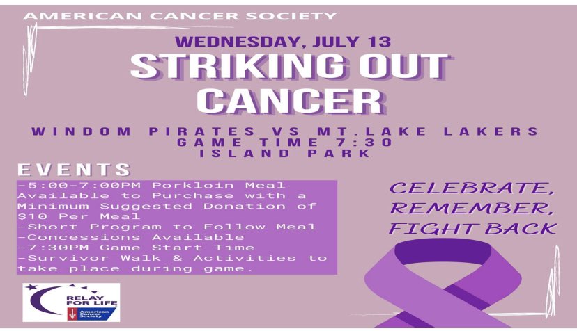 WindomPirates's tweet photo. Tomorrow night we host the @LakersMtl at 7:30pm! It is Strike out Cancer night!

Pork loin Meal available from 5-7pm 
Survivor Walk to take place right before the start of the game 

Be sure to stop down at Island Park tomorrow night! https://t.co/x8HKGuOell