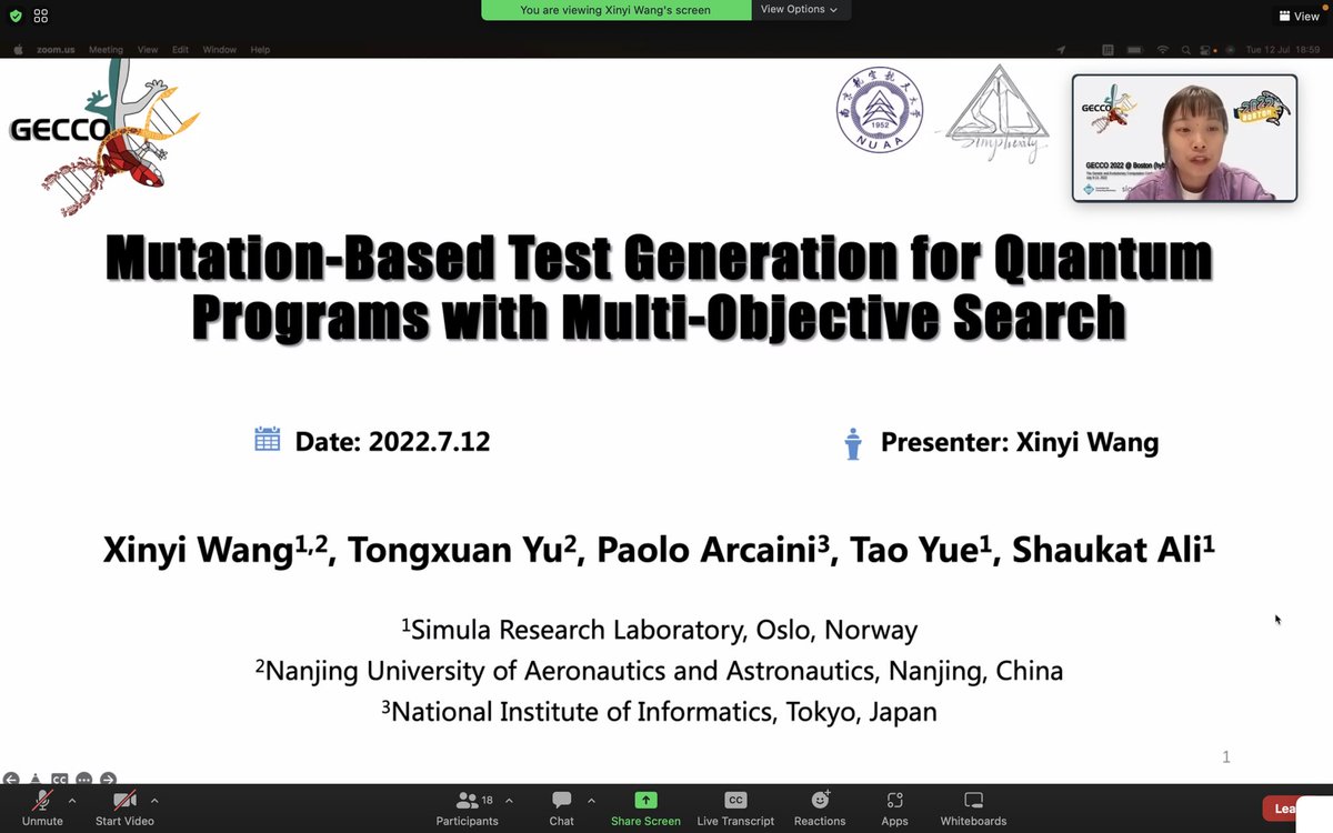 shukat_ali's tweet photo. Today Xinyi presented our work on mutation-based test generation for quantum programs with multi-objective search @GeccoConf @simula_research https://t.co/QesPTjbkv0