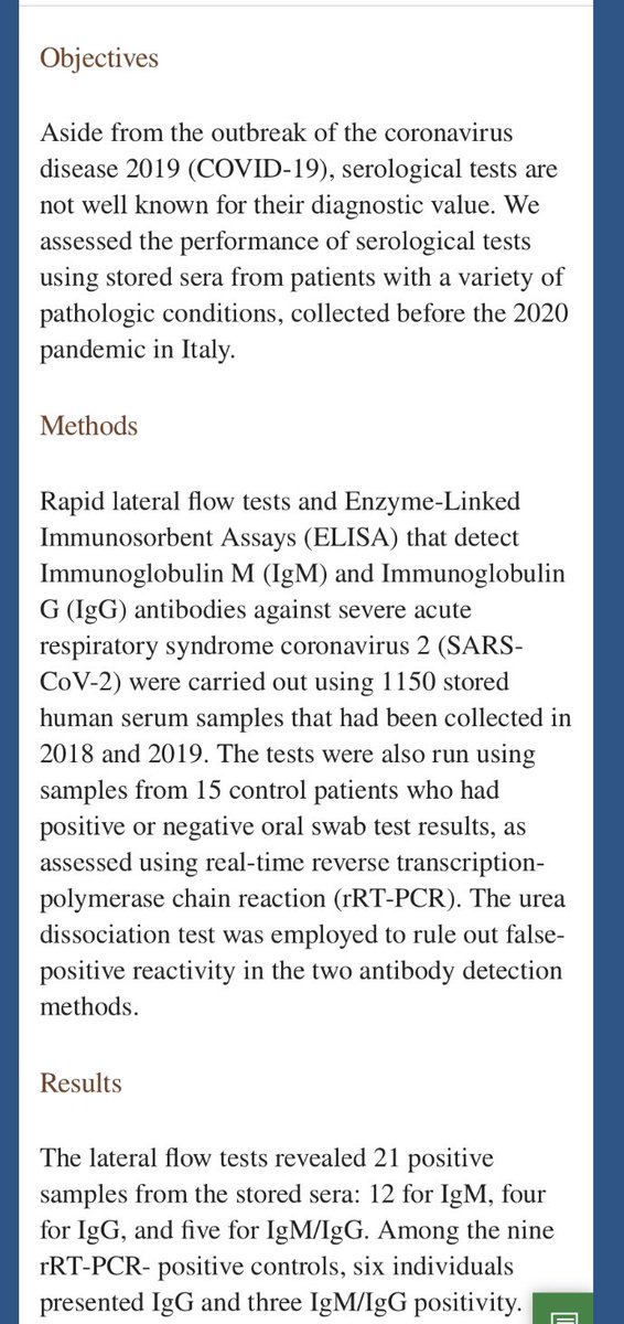 SixandLaura's tweet image. “False-positive results of SARS-CoV-2 IgM/IgG antibody tests in sera stored before the 2020 pandemic in Italy”

12/28/2020

#serology #testing_limitations #diagnostic_testing #research_limitations #antibodies #SARSCoV2_timeline #prepandemic 
ncbi.nlm.nih.gov/pmc/articles/P…