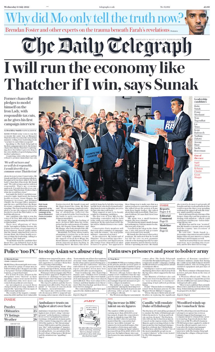 BBCNews's tweet image. Wednesday’s Telegraph: “I will run the economy like Thatcher if I win, says Sunak” #BBCPapers #TomorrowsPapersToday bbc.in/3z2EzX2