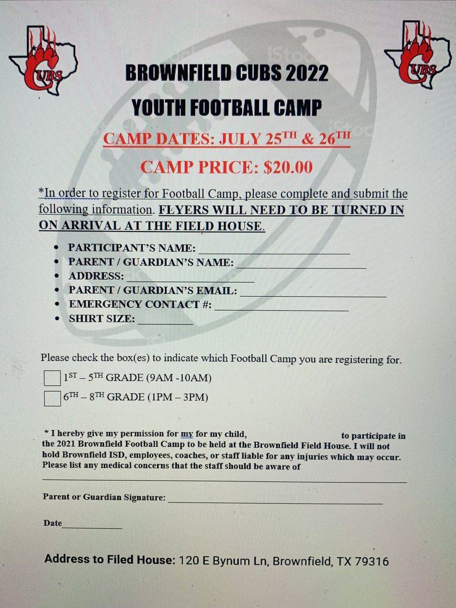 GoddessCelest32's tweet photo. Come be apart of THE CULTURE! Brownfield Cub Youth Football Camp! #CubFootball #CubPride #WhyNotUs @gagecaleb @Dr_GCooper @coachsewardjr @Coach_Perez5309 @CoachPilant @Dad2two @Coach_Carroll86 @JezreelGriffin @Bryanv_2316 @CubsFB @806hsscmedia https://t.co/0m7SY7TNIJ