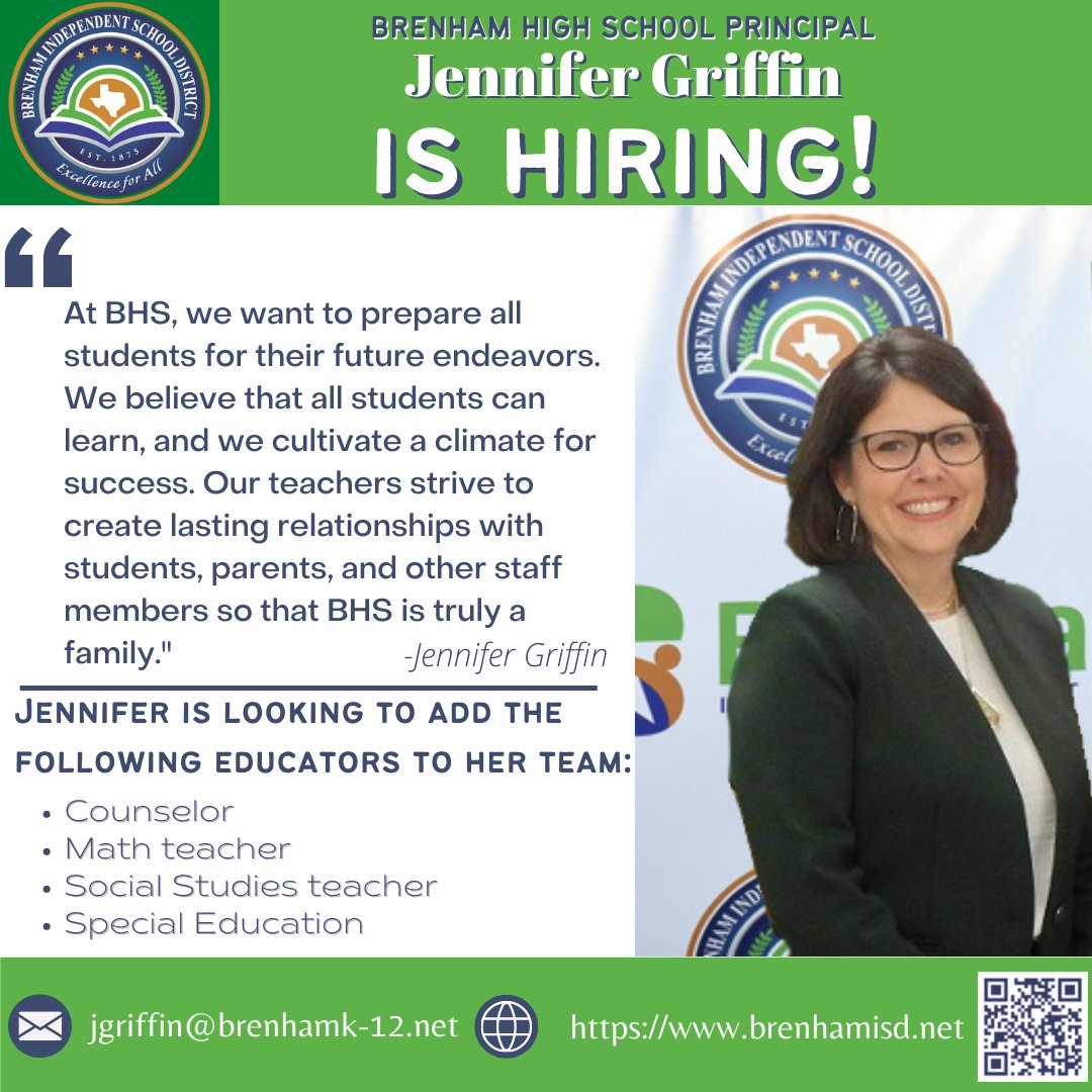 Come join our team! Brenham ISD is looking for teachers, and first-year starting salary begins at $50,000! Please visit our website for full details on available positions: brenhamisd.net/page/hr.home