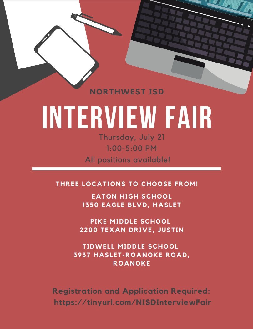 🚨BIG NEWS!!🚨 We are hosting, not ONE, but THREE, Interview Fairs! It's kind of a big deal, everyone will be there so you don't want to miss this. All the information you need is⬇️and you can register at the 🔗: tinyurl.com/NISDInterviewF…