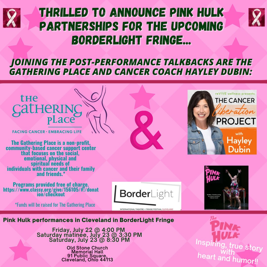 WONDERFUL PINK HULK PARTNERSHIP FOR THE BorderLight Festival. THANK YOU TO TALKBACK GUESTS: Hayley Weiss Dubin and The Gathering Place of Cleveland! I am truly honored. Thanks to BorderLight Festival!
Fri, 7/22 @ 4 PM
Sat 7/23 @ 3:30 PM &amp; @ 8:30 PM
borderlightcle.org/the-pink-hulk-…