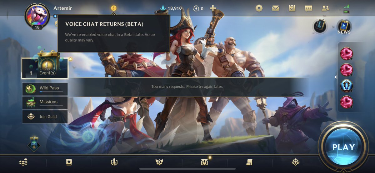 albertjluna's tweet photo. @riotgames @RiotSupport any idea how to fix this too many requests issue? Happens after updating yesterday on wifi and cellular, after signing out and in again. @wildrift https://t.co/0hdEAPspNd