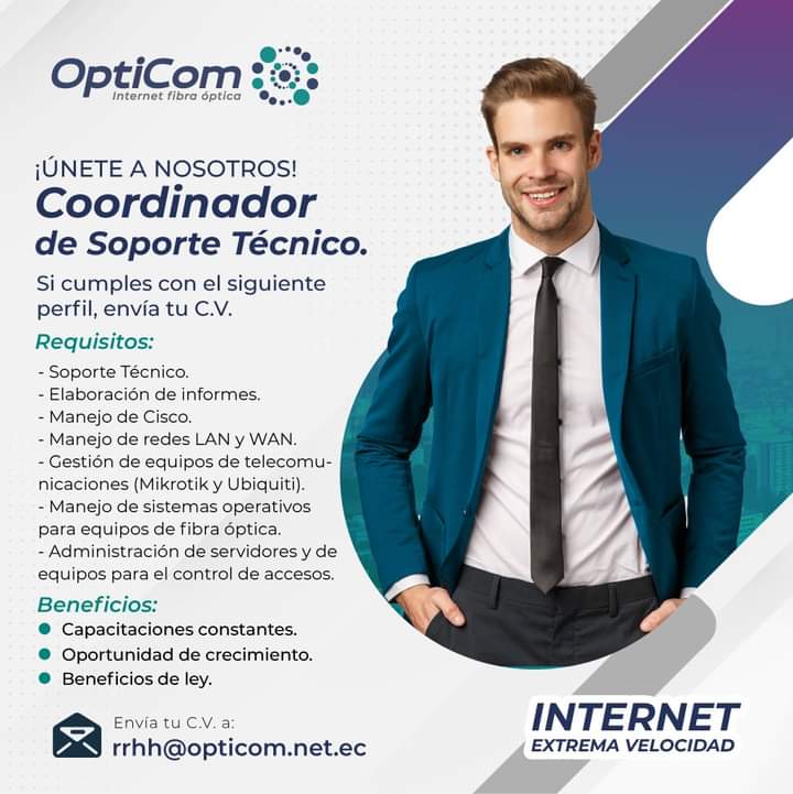 🚨🚨 ¿𝐐𝐮𝐢𝐞𝐫𝐞𝐬 𝐭𝐫𝐚𝐛𝐚𝐣𝐚𝐫 𝐜𝐨𝐧 @opticomecuador? 👉👉 Es tu oportunidad!! 🔊🔊 𝐑𝐞𝐯𝐢𝐬𝐚 𝐥𝐚 𝐢𝐧𝐟𝐨 𝐲 𝐩𝐨𝐬𝐭𝐮𝐥𝐚 𝐝𝐞𝐬𝐝𝐞 𝐡𝐨𝐲❗❗

#opticomecuador #coordinadordesoporte #Quito #InternetEcuador #internet #MBPS #fibraoptica #soportetecnico