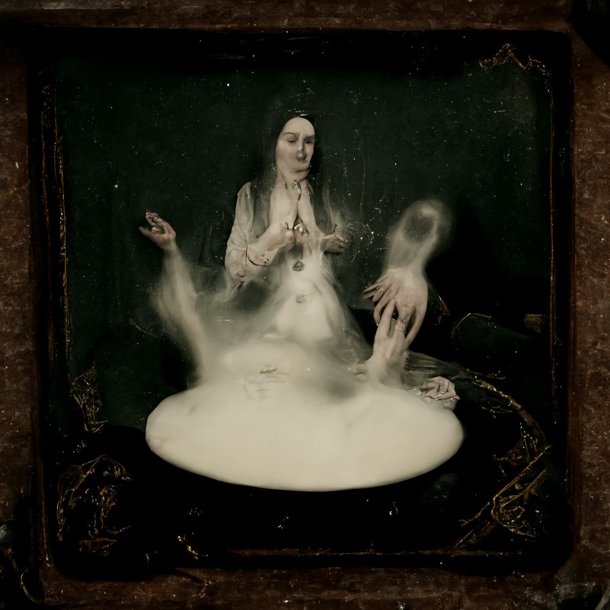 Sylartichot's tweet photo. Une séance de spiritisme menée par une medium à ectoplasme à la manière d'un daguerréotype, générée par une intelligence artificielle, imaginé par @ManonHoa https://t.co/Mx9qKFzz3Q