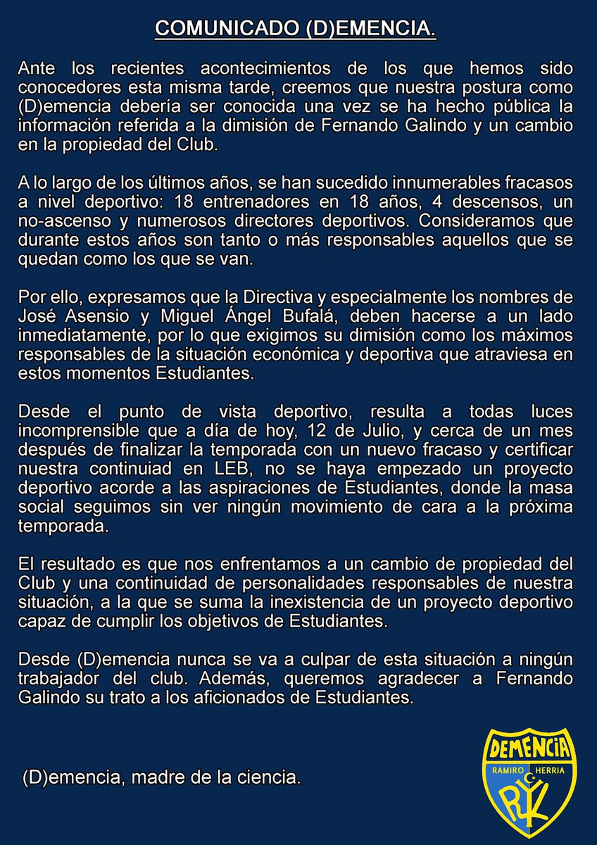 Comunicado sobre la situación actual del club.