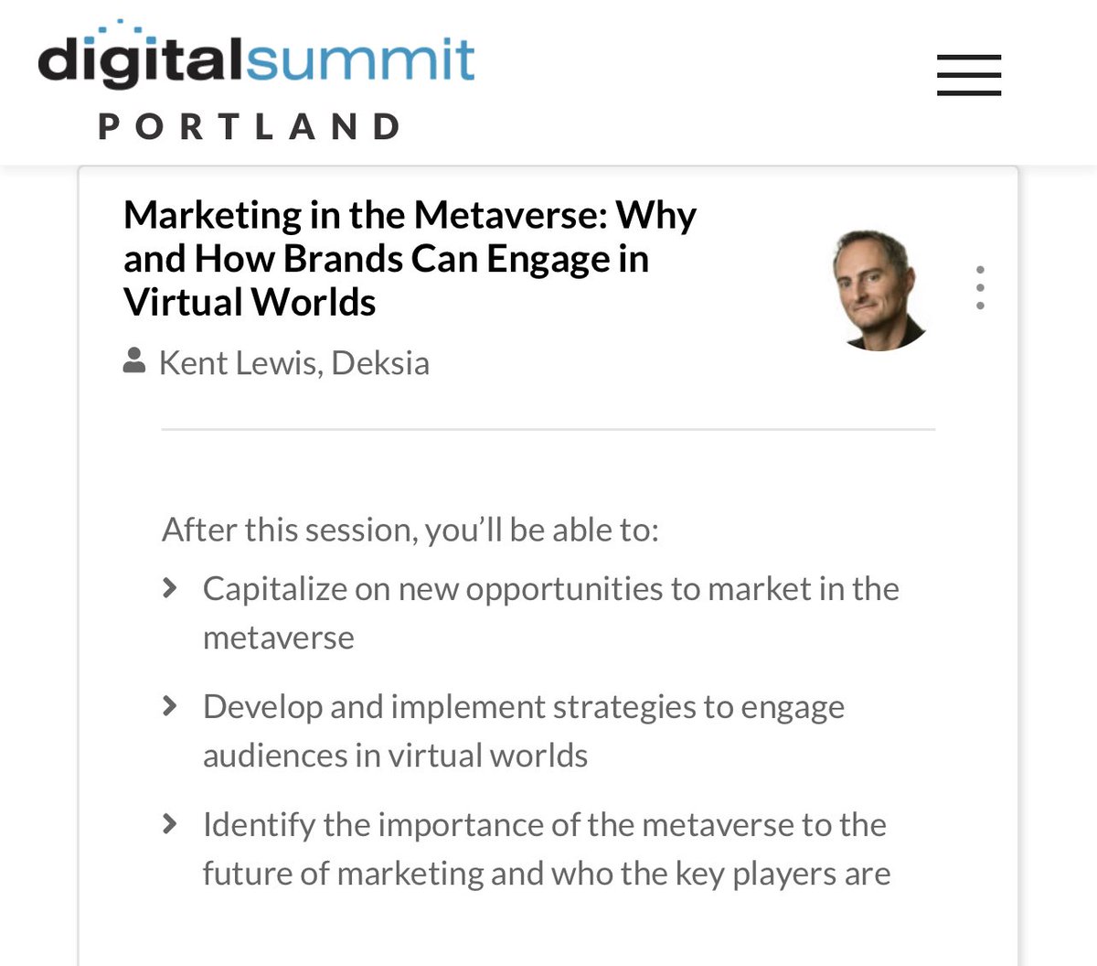Now that I’m attending a conference irl again, excited to hear <a href="/kentjlewis/">Kent Lewis</a> talk about the #Metaverse :) #DSPDX
