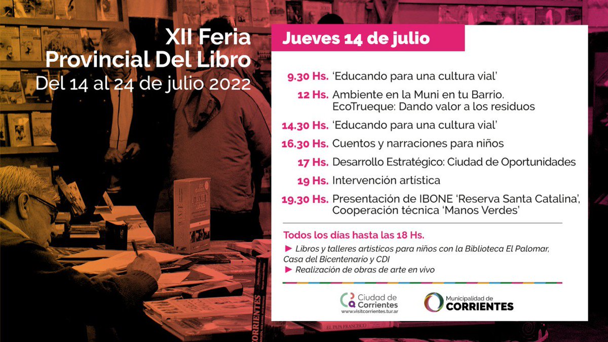 municorrientes's tweet photo. ¡Se viene la XII Feria Provincial del Libro! 📖 Del 14 al 24 de julio en la Ex Usina, los vecinos podrán disfrutar de distintas propuestas literarias y también de presentaciones, charlas, intervenciones y mucho más. Conocé el cronograma de los primeros días 👇 https://t.co/BMAv1UckaG