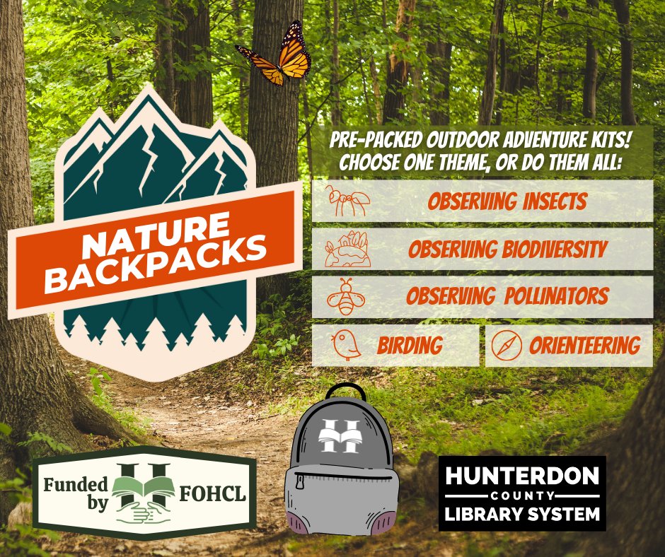 Check out a Nature Backpack for everything you need to enjoy the outdoors and do some science! 5 different themes: Birding, Observing Pollinators, Observing Biodiversity, Observing Insects, &amp; Orienteering. Reserve yours now at hclibrary.us 🌲🍃🏞️ #HunterdonCounty