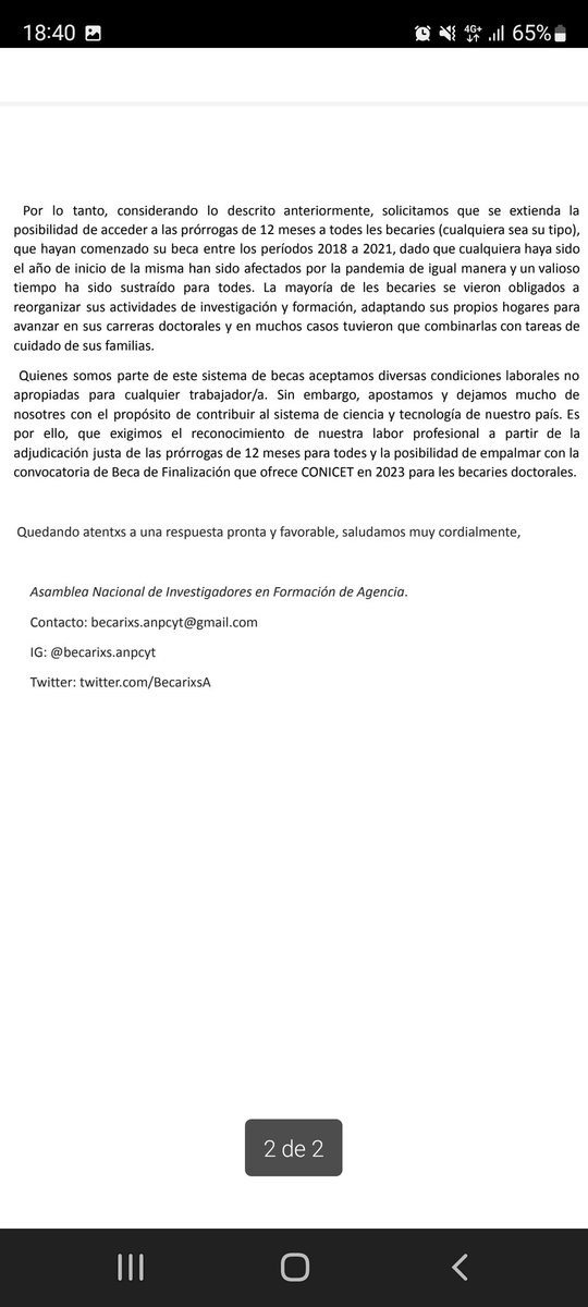 Le acercamos un pedido al presidente <a href="/ferpeirano/">Fernando Peirano</a> de <a href="/agenciaidiar/">Agencia I+D+i</a> y autoridades solicitando la posibilidad de acceder a prorrogas de 12 meses para todes les becaries que hayan comenzado entre 2018 y 2021 sin distinción