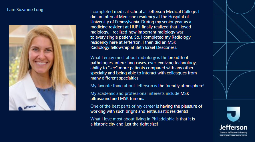 JeffersonRads's tweet photo. Next up on faculty spotlight we have our amazing residency program director, Dr. Long! #LifeAtJeff @JeffRadAlumni #WIR #MSKRadiology @FutureRadRes https://t.co/elhvVuGj7L
