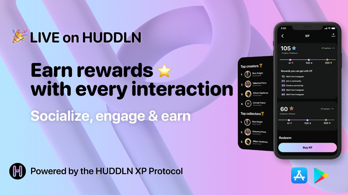 XpProtocol's tweet photo. 📢@HUDDLN_ v4 is now LIVE!!!
On @0xPolygon 😎
🤳Play✨
🏅XP ✨
🔁Repeat ✨
The only web3 social platform that rewards you for minting, collecting & interacting! 💪🚀
Join the fun 👉 https://t.co/vadooHa5RQ
#socialtoearn #web3 #nft https://t.co/sGhBozygHn