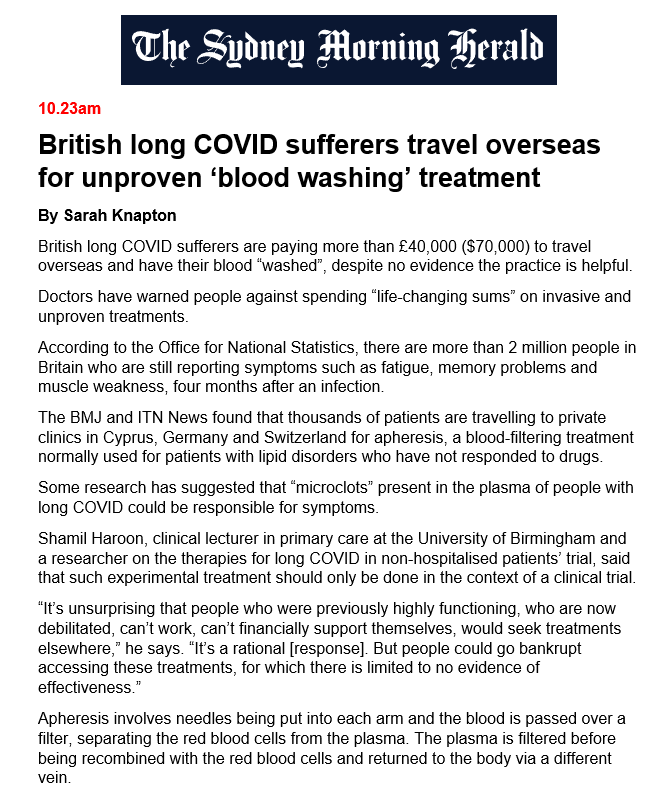 BigBadDenis's tweet image. 🇬🇧British long COVID sufferers are paying more than £40,000 ($70,000) to travel overseas and have their blood “washed”, despite no evidence the practice is helpful.

Full article here: smh.com.au/world/europe/l…

#COVID19UK #LongCovid #bloodwashed