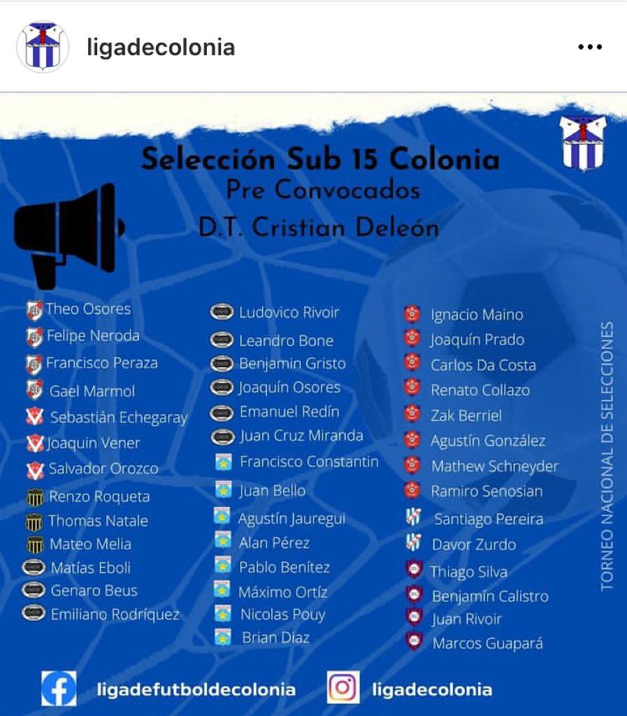 snac1921's tweet photo. Queremos felicitar a nuestros jugadores 
Thiago Silva, Benjamin, Calistro, Juan Rivoir y
Marcos Guapura que fueron Pre seleccionados para la selección Sub 15 de Colonia. 
También le deseamos mucha suerte a nuestro técnico Cristian De León que va ser el director Técnico. https://t.co/sZo5KiF8yG
