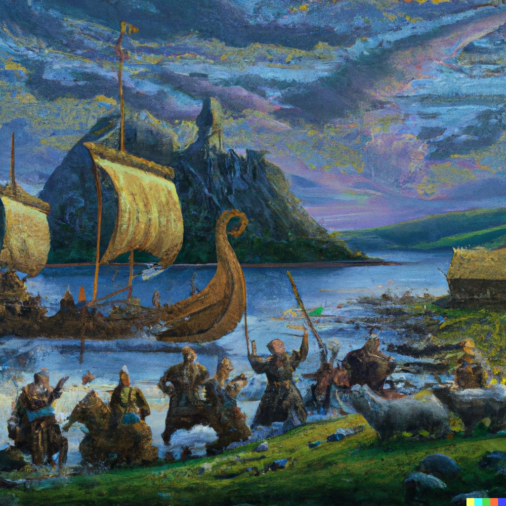 o_suegi's tweet photo. paul signac painting of vikings embarking towards an unsuspecting village. trending on artstation post-processing wow, photoshopped,  highly detailed, photo realism.   #dalle2 #promptengineer #vikings #impressionism #paulsignac #painting #mlart #dalle #openai https://t.co/1dDgLqOP93