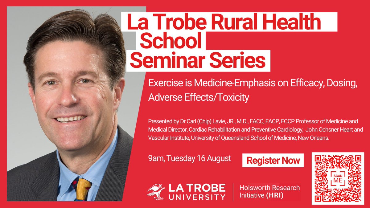 LaTrobeHRI's tweet image. The @LaTrobeRHS and @HRI_LaTrobe are excited to announce the next La Trobe Rural Health School Seminar guest speaker, Dr Carl "Chip Lavie". Register now! eventbrite.com.au/e/la-trobe-rur…