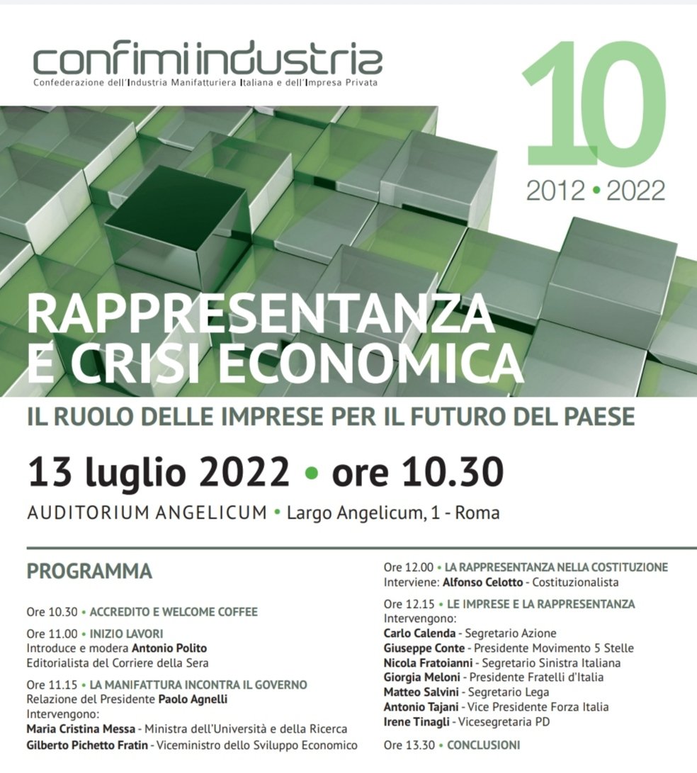 Tutto pronto per il #Decimo #Anniversario #Confimi #Industria
Rappresentanza e crisi economica ne discutono <a href="/agnelli_paolo/">Paolo Agnelli</a> <a href="/MessaCristina/">Cristina Messa</a> <a href="/GPichetto/">Gilberto Pichetto</a> <a href="/AlfonsoCelotto/">Alfonso Celotto</a> <a href="/CarloCalenda/">Carlo Calenda</a> <a href="/GiuseppeConteIT/">Giuseppe Conte</a> <a href="/NFratoianni/">nicola fratoianni</a> <a href="/GiorgiaMeloni/">Giorgia Meloni</a> <a href="/matteosalvinimi/">Matteo Salvini</a> <a href="/Antonio_Tajani/">Antonio Tajani</a> <a href="/itinagli/">Irene Tinagli</a>