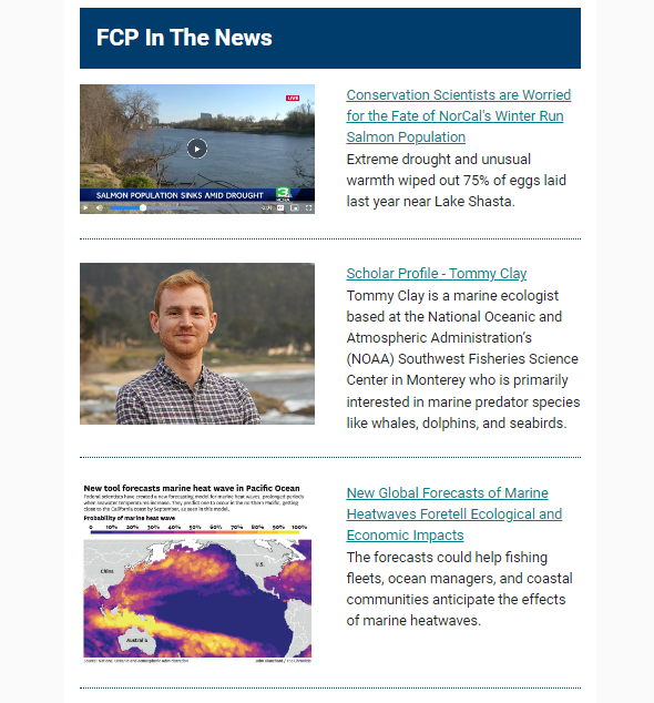 UCSC_Fisheries's tweet photo. Check it out!! 🐠❤️🌊
We released our first newsletter. Send us a message to get your copy or sign up to receive future newsletters here: https://t.co/Zi1GOlLv2Z
#UCSCScience #NOAAFisheries #FCPintheNews https://t.co/JT1Y29qkbV