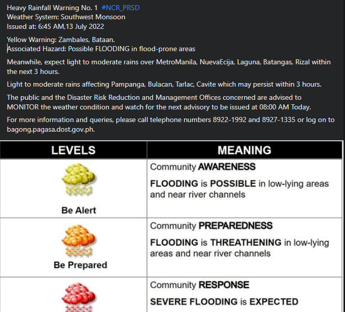 dost_pagasa's tweet photo. Heavy Rainfall Warning No. 1  #NCR_PRSD
Weather System: Southwest Monsoon 
Issued at: 6:45 AM,13 July 2022 https://t.co/uCuSAPLTWz