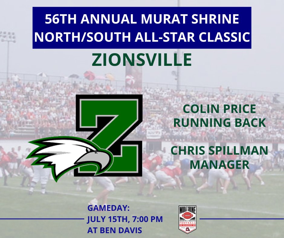 Colin Price and Chris Spillman will represent Zionsville High School in the Murat Shrine North South All Star Classic

<a href="/ColinPrice33/">Colin Price</a> @UIndyFB@CoachTurnquist <a href="/ZionsvilleFB/">Zionsville Football</a>
